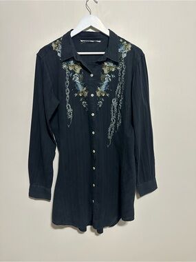 Johnny Was Navy Embroidered Button-Down Shirt with Blue & Green Accents